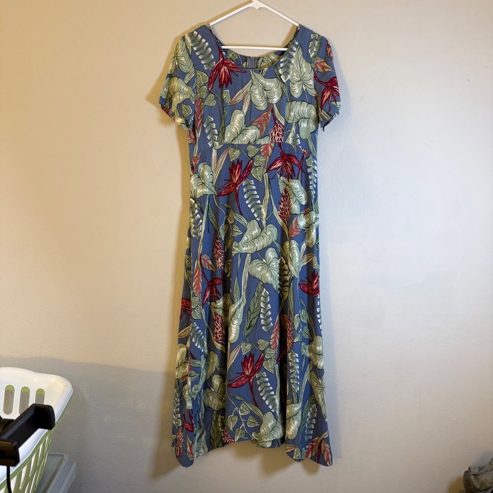Hilo Hattie Vintage Hawaiian Tropical‎ Floral Rayon Crepe Midi Dress Blue Small